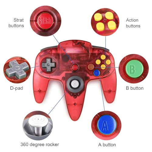 Image of miadore 2 Packs Classic 64 Wired Controller Joystick for N64 Video Game System N64 Console (Clear Red and Blue)