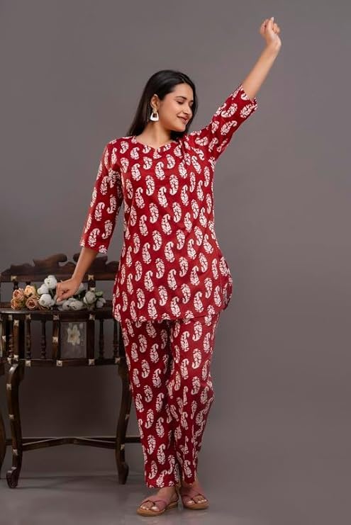 Image of Pure Cotton Printed Night Suit Set | Top Pyjama Set for Women | Night Dress of Kurta Pyjama Set for Women | Kurta Top Set