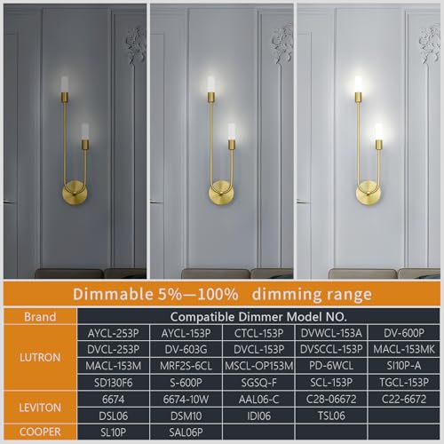 Image of Gold Wall Sconces Set of Two U Shape 2 Light 6000K LED Wall Sconce Dimmable Bathroom Sconces Modern Sconces Wall Lighting for Bedroom Hallway Wall Light Fixtures Indoor