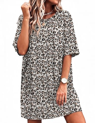 Image of Ekouaer Sleep Shirts for Women Nightgown Short Sleeves T shirt Night Dress Round Neck Womans Nightgown with Pocket S-XXL