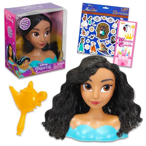 Disney Princess Jasmine Styling Head Doll for Girls - Aladdin Toy Bundle with Jasmine Pretend Play Head with Brush Plus Stickers, More | Jasmine Hair Styling Head