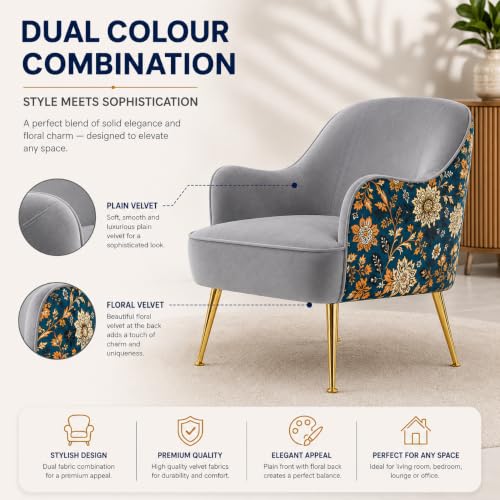 Image of Velvet Chair with Pillow for Home | Modern Accent Armchair in Soft Velvet Fabric with Golden Legs | Premium Accent Chair for Living Room Bedroom Restaurent | (Light Grey, Big Zara)