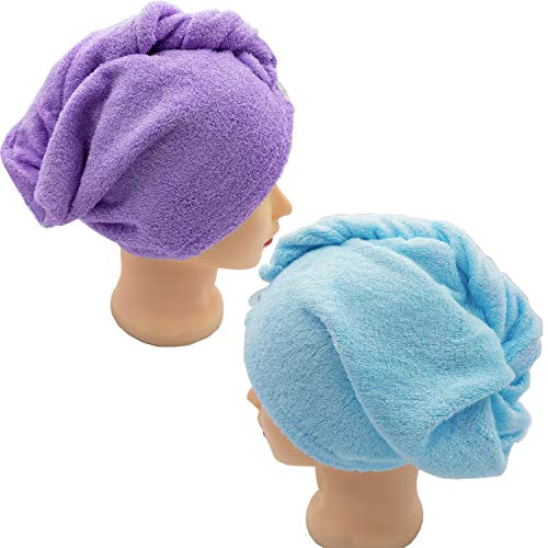 CORVYUC 2 Pack Bamboo Hair Towel Wrap for Women - Quick Dry Hair Turban with Button - Super Absorbent and Soft Twist Towel for Instant Drying Curly, Long & Thick Hair (Purple and Blue)