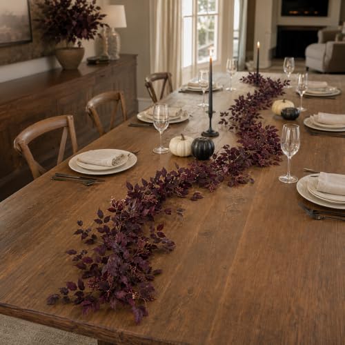 Image of Neutral Fall Garland for Mantle Fireplace - 12 Ft Plum Cimicifuga Seeded Leaf Garlands Purple Autumn Decor Table Decorations for Home Indoor Door Halloween Realistic Leaves Garlands Outdoor