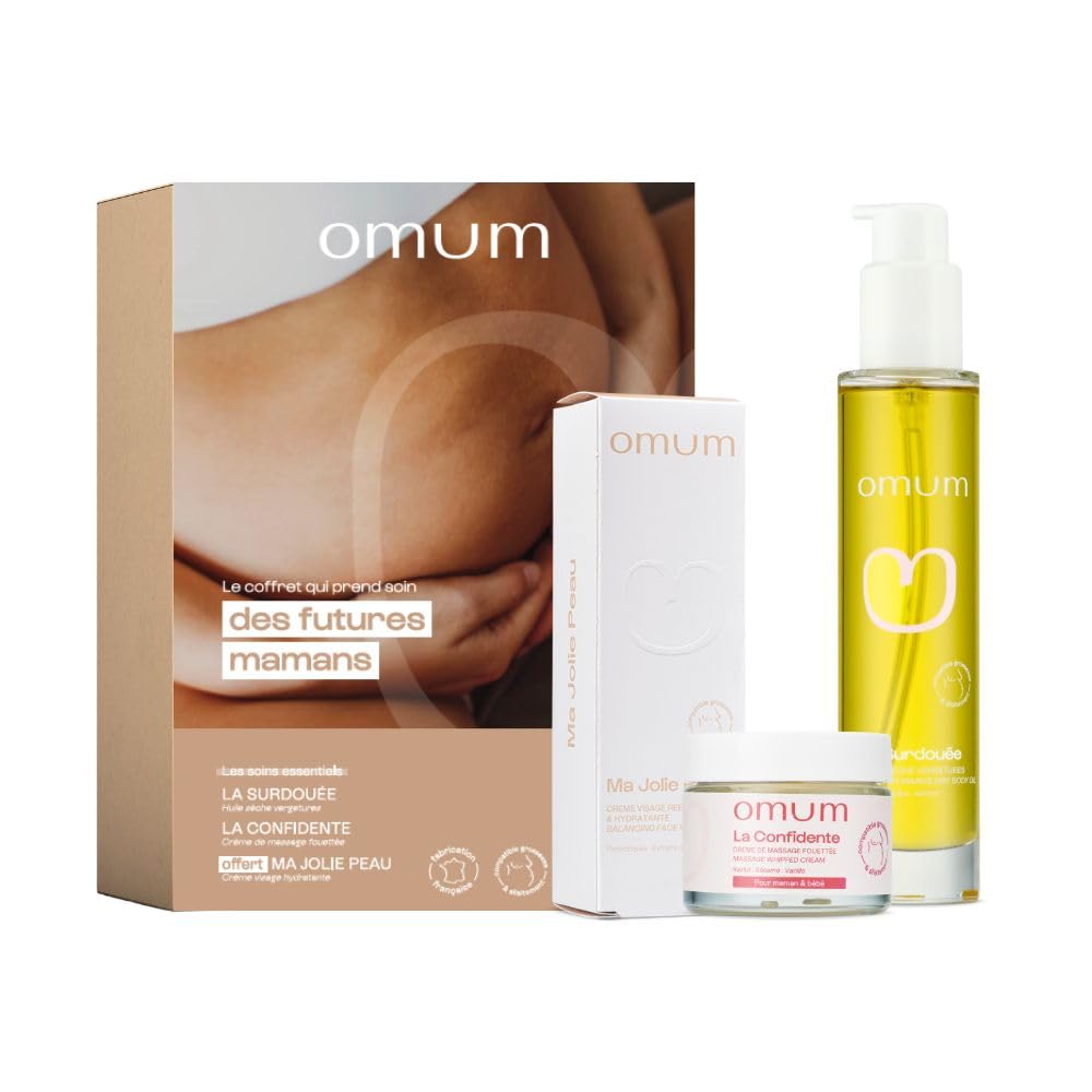 OMUM - Coffret Future Maman - 1 huile sèche La Surdouée + 1 crème de massage La Confidente + 1 crème rééquilibrante Ma Jolie Peau - Bio & Vegan - Elasticité et hydratation de la peau