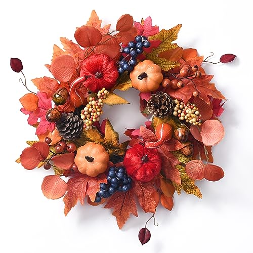 Valery Madelyn 16 inch Autumn Wreaths for Front Door, Fall Wreath with Pumpkin, Blueberries, Pine Cone Maple and Eucalyptus Leaves for Thanksgiving Window Wall Farmhouse Decor