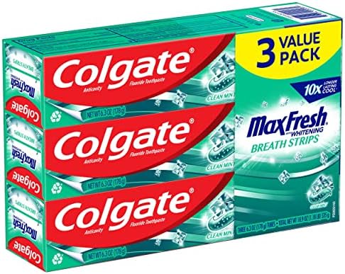 Colgate Max Fresh with Whitening Toothpaste with Mini Breath Strips, Clean Mint Toothpaste for Bad Breath, 6.3 Oz Tube. 3 Pack