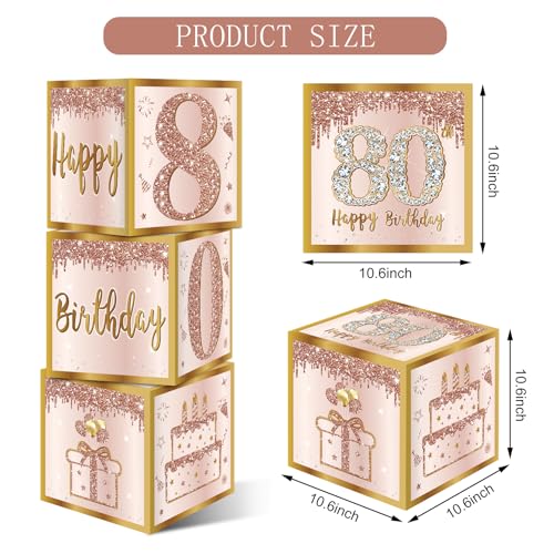 Image of Guiruiy 3Pcs 80th Birthday Decorations Boxes for Women, Pink Rose Gold 80th Birthday Balloons Boxes Party Supplies, Pink Eighty Year Old Bay Theme Cardboard Box Decor