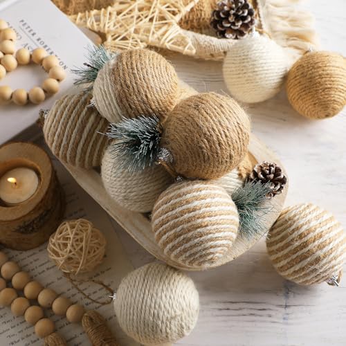 PullCrease 12 Pcs Neutral Burlap Christmas Ball Ornament 2.4 Inch Farmhouse Boho Jute Rope Woven Xmas Baubles Rustic Modern Natural Christmas Decorations for Home Tree Wreath Holiday Rattan Decor