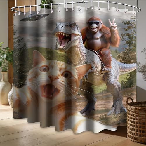Image of Extra Long Shower Curtain XL Fun Cat Riding Dinosaur, 108 x 72 Inchs