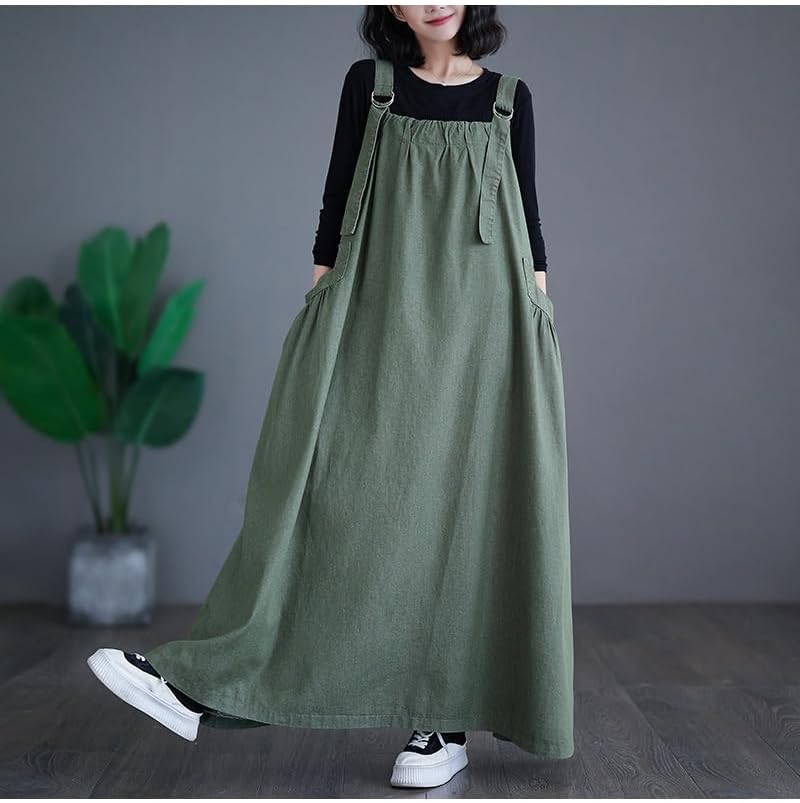 Denim Jumper Dress for Women Loose Version Baggy Style Maxi Length Adjustable Straps Wide Hemline - Image 3