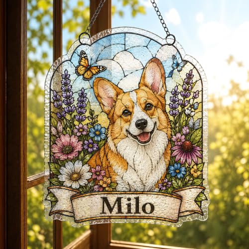 LOVELYPOD Personalized Stained Glass Pet Photo Suncatcher – Custom Shape Pet Portrait Memorial Window Hanging with Flowers, Chrismat Valentines, Gift for Dog Lovers, Cat Lovers, Family Home Decor 02