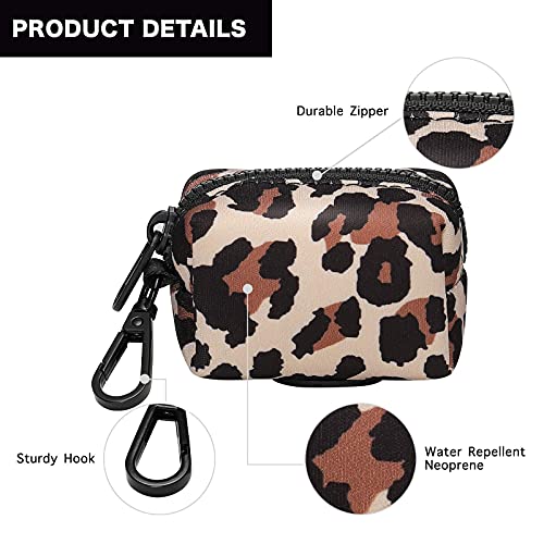 Image of Petmolico Dog Poop Bag Holder Leash Attachment, Waste Bag Dispenser Zippered Pouch, Fits Any Leash, Includes Free Roll of Bags, 2 Pack - Leopard