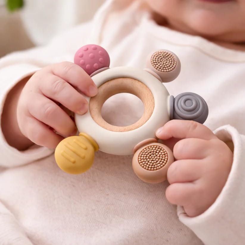 Image of CHICAGOZONE Premium Baby Teether | Silicone + Wooden Ring | BPA-Free, Non-Toxic, Safe Chew Toy | Round Shape | Color - Beige for Babies 3+ Months