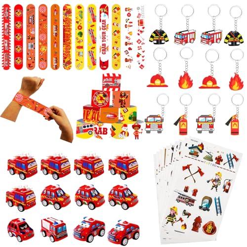Yhjxly Lot de 46 Petits Cadeaux de Fête de Pompier - Décoration d'Anniversaire d'Enfant - Autocollants, Bracelets Slap, Porte-clés pour Anniversaire