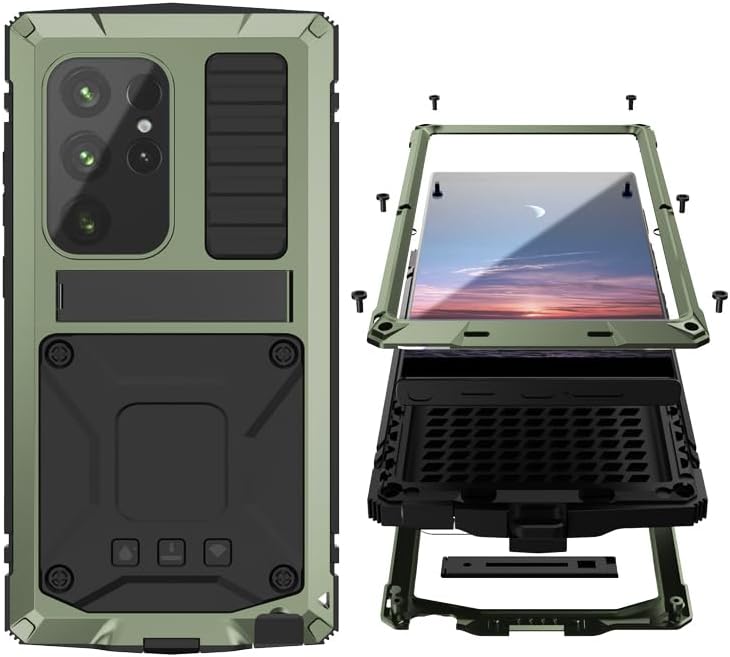 Compatible with Samsung Galaxy S25 Ultra Metal Bumper Heavy Duty Case with Stand Screen Protector Camera Cover Hybrid Durable Metallic Military Dust Proof Drop Pro Full Body Man (Green)