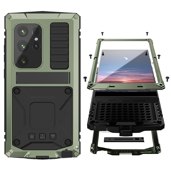 Simicoo Compatible with Samsung Galaxy S25 Ultra Metal Bumper Heavy Duty Case with Stand Screen Protector Camera Cover Hybrid Durable Metallic Military Dust Proof Drop Pro Full Body Man (Green) by Simicoo - Used condition - US$10.93