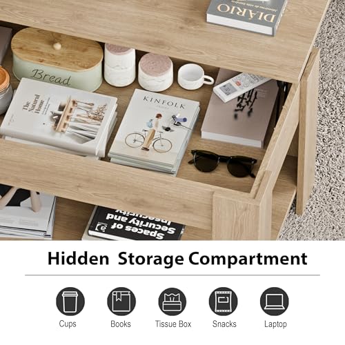 Blisswood Coffee Table With Storage, Lift Up Coffee Tables for Living Room, Wooden Coffee Table With 1 Shelf Large Hidden Storage Modern Rectangular Sofa End Lift-Top Tea Table Furniture (Oak) - Image 8