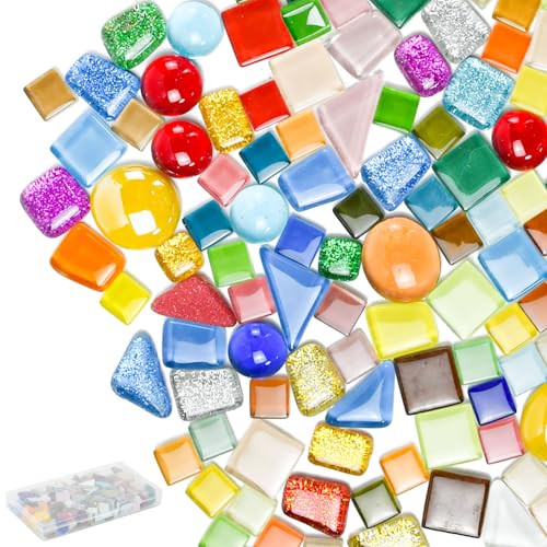 FuxFuis Piedras de Mosaico Baldosas de Mosaico de Vidrio Teselas de Vidrio de Colores Mini Baldosas de Mosaico con Caja Transparente para Bricolaje Manualidades Decoración Marcos de Fotos (240g)