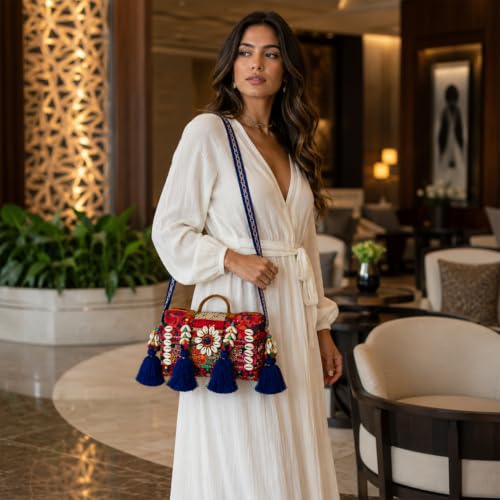 Image of MOMISY Handicraft Handmade Cotton Ethnic Rajasthani Embroidered Banjara Bags for Women Sling Clutch with Handle Purses for Ladies Girls