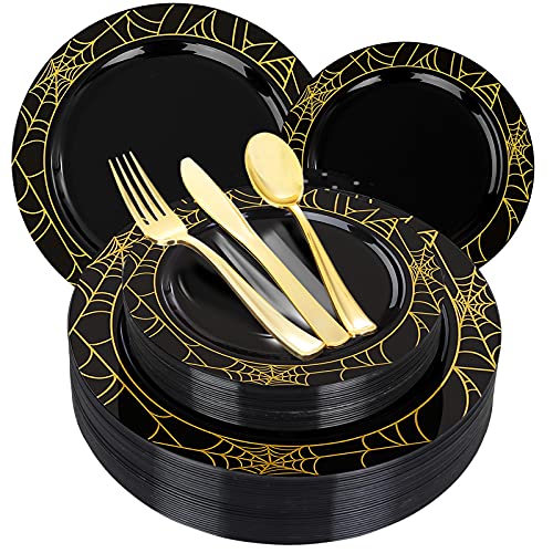WELLIFE 125 PCS Halloween Plastic Plates with Gold Spider’s Web, Gold and Black Plastic Dinnerware Set, Includes: 25 Dinner Plates, 25 Dessert Plates, 25 Cutlery