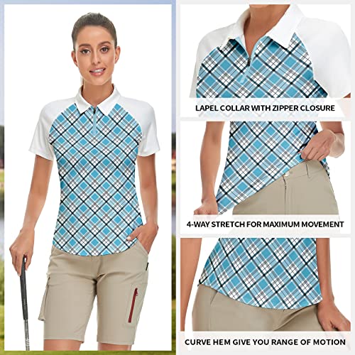 Women's Plaid Golf Polo Shirts Short Sleeve Moisture Wicking Golf Apparel Lady Golf Tops (Blue Checkered, Medium) #TOP1