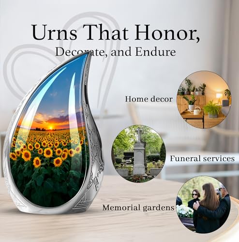 Image of Teardrop Sunflower Flower Urns for Human Remains - Sunset Funeral Urns for Adult Ashes Women - Yellow Sunflower Urn for Human Ashes - Cremation Urn for Men and Women 10inch