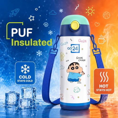 Image of Go24 pexpo Crayon Shinchan ISI Certified Stainless Steel Water Bottle for Kids - 300ml | Hot & Cold Vacuum Insulated Flask | Leak Proof | Carry Strap | School, Picnic - Denim Blue Little Artist