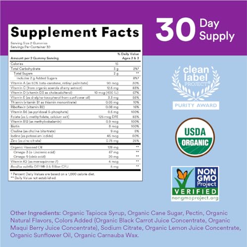 SmartyPants Organic Toddler Multivitamin Gummies: Probiotics, Omega 3 (ALA) & Kids Multivitamin Gummies, Sugar Free: Omega 3 (ALA), Vitamin D3, C, Vitamin B12