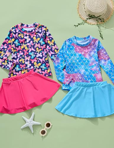 Image of Liberty Pro Girls Two Piece Swimsuits Long Sleeve Rash Guard Set, UPF 50+ Bathing Suit with Swim Shorts for Toddler and Teens