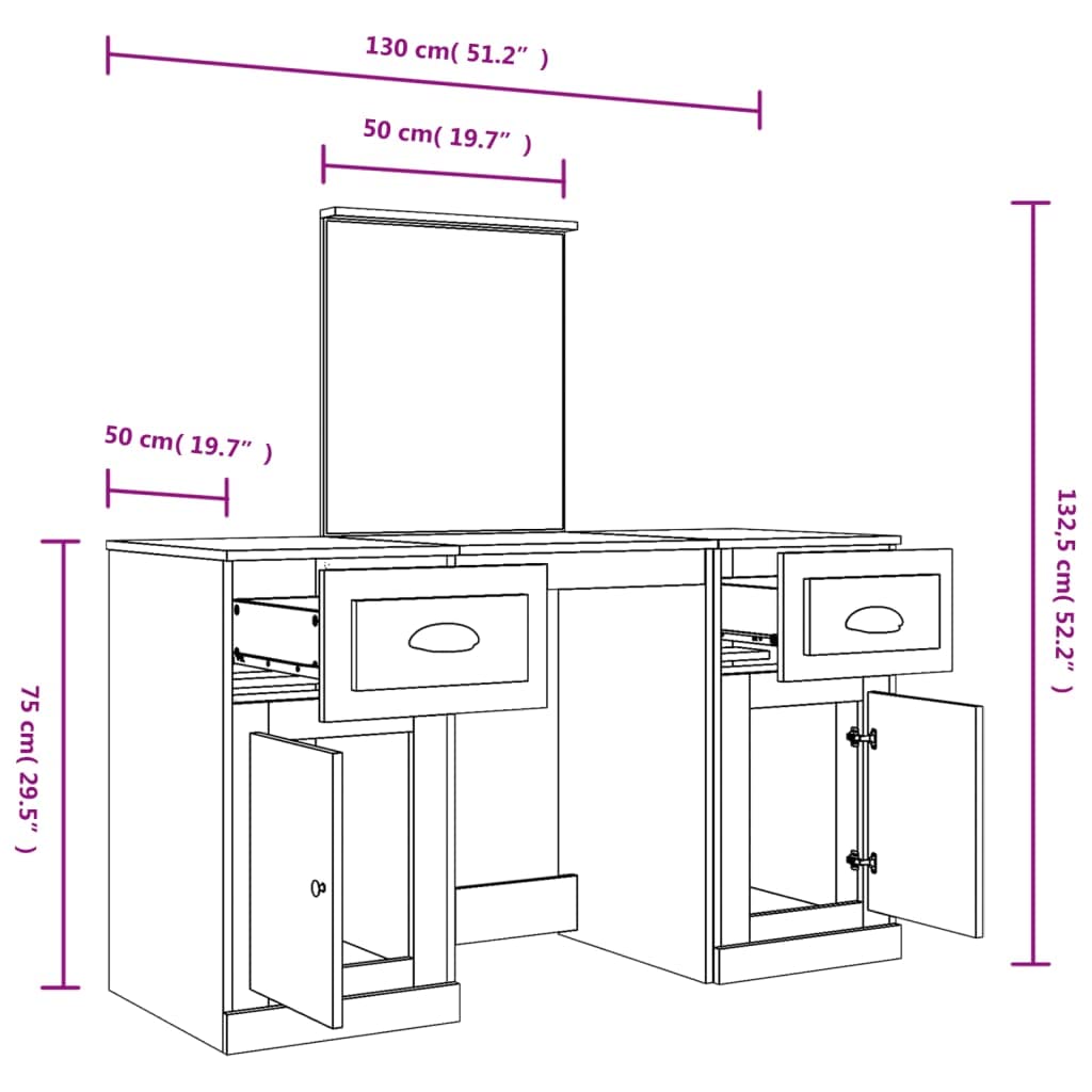 Tocador con espejo gris Sonoma de madera, 130 x 50 x 132,5 cm, con cajón, taburete, iluminación LED y espacio de almacenamiento para dormitorio o habitación de niña