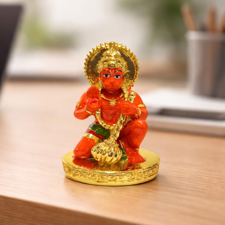 Image of Gold Art India Hanumanji Sitting with Gada Gold Plated Hanuman Statue for Car Dashboard, Hanuman ji murti for Home Decor, Office Shelves, and Gifts Orange /Kesari (2.8 x 1.6)