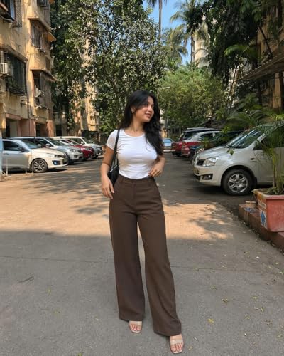 Image of Korean Pants for Woman | High Waist Wide Leg Trouser | Formal Office Casual Wear | Zero See-Through Semi-Stretchable Fabric
