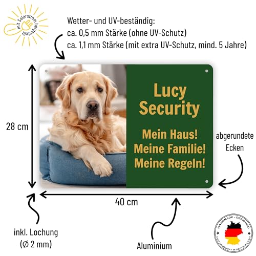 UV Hundeschild mit eigenem Foto & Namen „Security“ - 40 x 28 cm - Lustiges Vorsicht Hund Warnung Schild - wetterfest & rostfrei & UV-Schutz & Bohrlöcher - Warnschild Hund - Aluminium, Stärke 1,1 mm