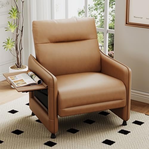 Sillón tapizado marrón con reposabrazos y mesa lateral miniatura 1