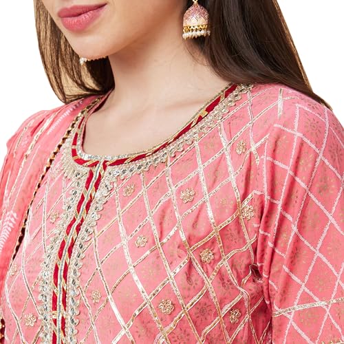 Image of Globus Cotton Women Pink Ethnic Motifs Printed 3-Piece Festive Anarkali Kurta Set with Sharara and Dupatta-3639757001