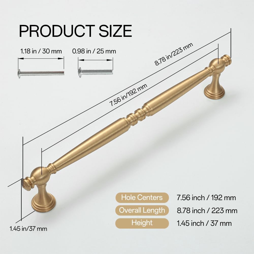 Brushed Gold Cabinet Pulls, Solid Brass Drawer Pulls, Kitchen Door Handles, Handles for Cabinets and Drawers (4, Brass, 223mm/8.78in)