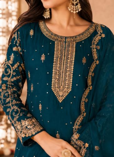 Image of Women's Ethnic Plazzo Suit Set with Kurta & Dupatta | Fendy Fabric Embroidered Kurta Set | Round Neck 3 /4 Sleeve Dress | Elegant Outfit