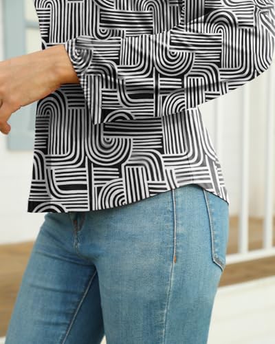 Amzdora Womens Dressy Tops V Neck Floral Long Sleeve Shirts Loose Puff Sleeve Work Blouses Casual Fall Stylish Clothes Black White Stripe — view 4