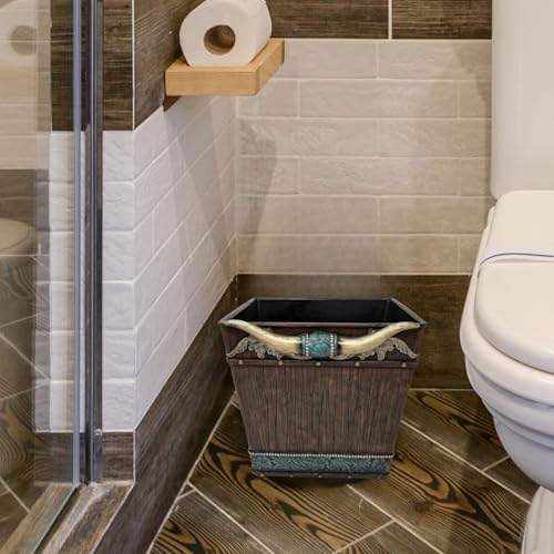 Image of BestGiftEver Rustic Decorative Storage Bin | Southwestern Tooled Leather-Designed Wastebasket with Faux Horns | Unique Trash Bin Ideal for Native American Themed Enthusiasts