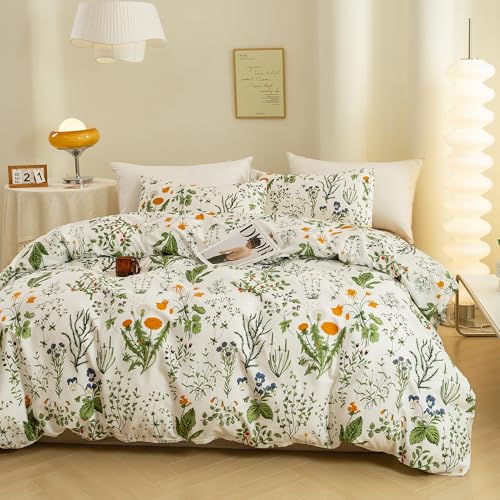ECOCOTT 3 Pieces Floral Duvet Cover Sets King Size,100% Natural Cotton Floral Pattern 1 Duvet Cover with Zipper and 2 Pillowcases, Ultra Soft and Easy Care Breathable Cozy Simple Style Bedding Set