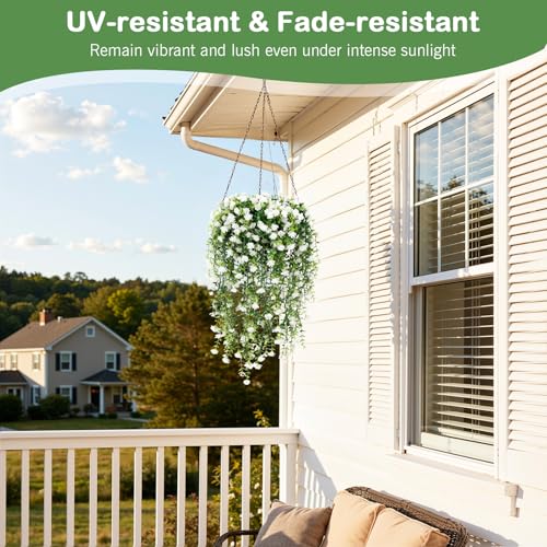 Image of Lewondr Artificial Fake Hanging Flowers Plants for Outdoor Summer Decoration, 2 PCS Realistic Camellias, 29.5'' UV Resistant Look Real for Outside Home Indoor Planter Porch Patio Balcony Yard Decor