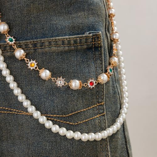 Image of Layered Wallet Pants Chains for Men Dainty Rhinestone Flower Pearl Pocket Jeans Wallet Chain Punk Jewelry Gift for Women
