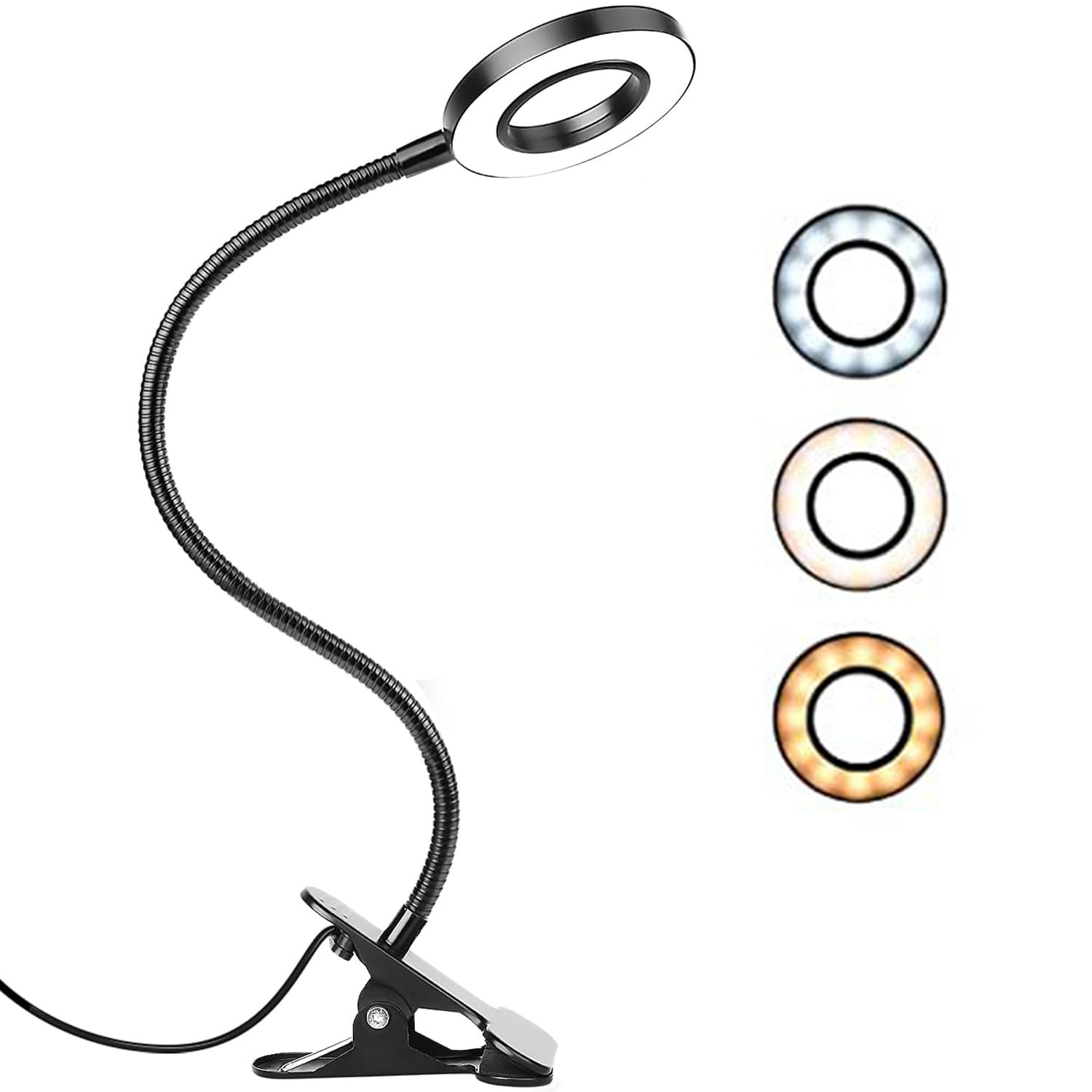 Desk Clip on Lamp for Reading Home Office, 10 Dimmable Brightness 3 Modes, Ring/Clamp Light for Bed Headboard, Craft, Computer, Video Call
