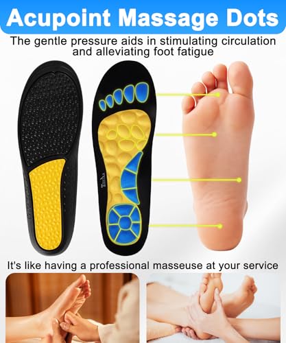 Image of TIESTRA Massaging & Cushion Gel Work Insoles - All-Day Comfort for Standing & Walking, Arch Support Shock Absorbing Inserts Relieve Sore Feet & Tired Legs, Trim to Fit (Women 6-7, EU 37-38)