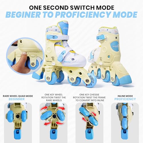 Image of Jaspo Novice 2-in-1 Kids Roller Skates Combo- Inline to Quad Convertible | Adjustable Size | PU Wheels | Fiber Body | Lightweight & Comfortable Skating Combo (Yellow) (UK Junior 9 - UK Junior 12)