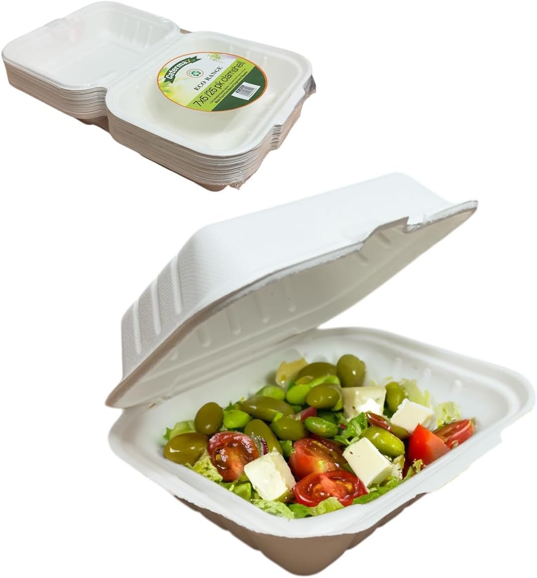 Novostyl White 50 Pack 7X5 Inch Eco-Friendly Clamshell Takeaway Boxes Made From Natural Sugarcane Pulp, Disposable Takeaway Container, Biodegradable Home Compostable Sugarcane Bagasse