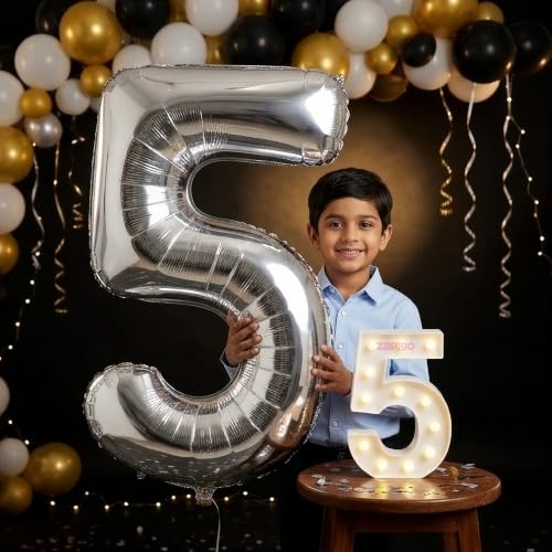 Image of Balloonistics Silver 40-Inch Foil Number 5 Balloon with Matching LED Marquee Light - Combo Set for 5th Birthday, Anniversary, Party Decoration, Photo Booth Backdrop