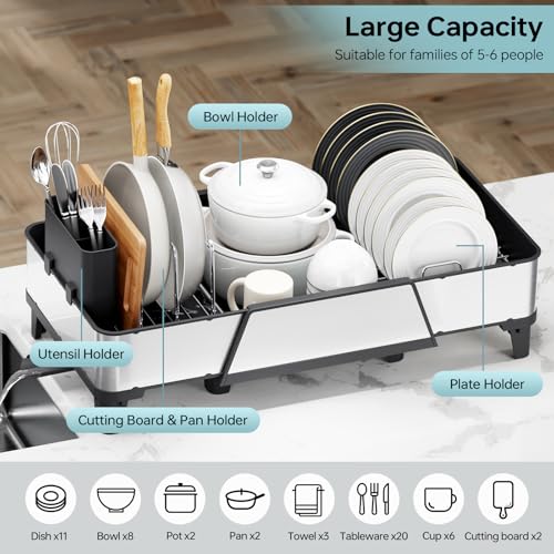 Image of Urackify Large Dish Drying Rack - Triple Expandable Dish Rack for Kitchen Counter, Stainless Steel Sink Organization and Storage Essentials with Utensil & Pans Holder for Home and Appartment, Black