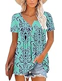 Mystry Zone Women's Vintage Short Sleeve Henley V Neck Pleated Tunic Shirt Skyblue XX-Large